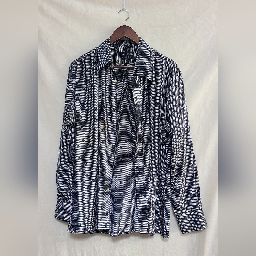 Vintage 70s Givenchy For Chesa Men's Navy Patterned Button Down Shirt Size XL